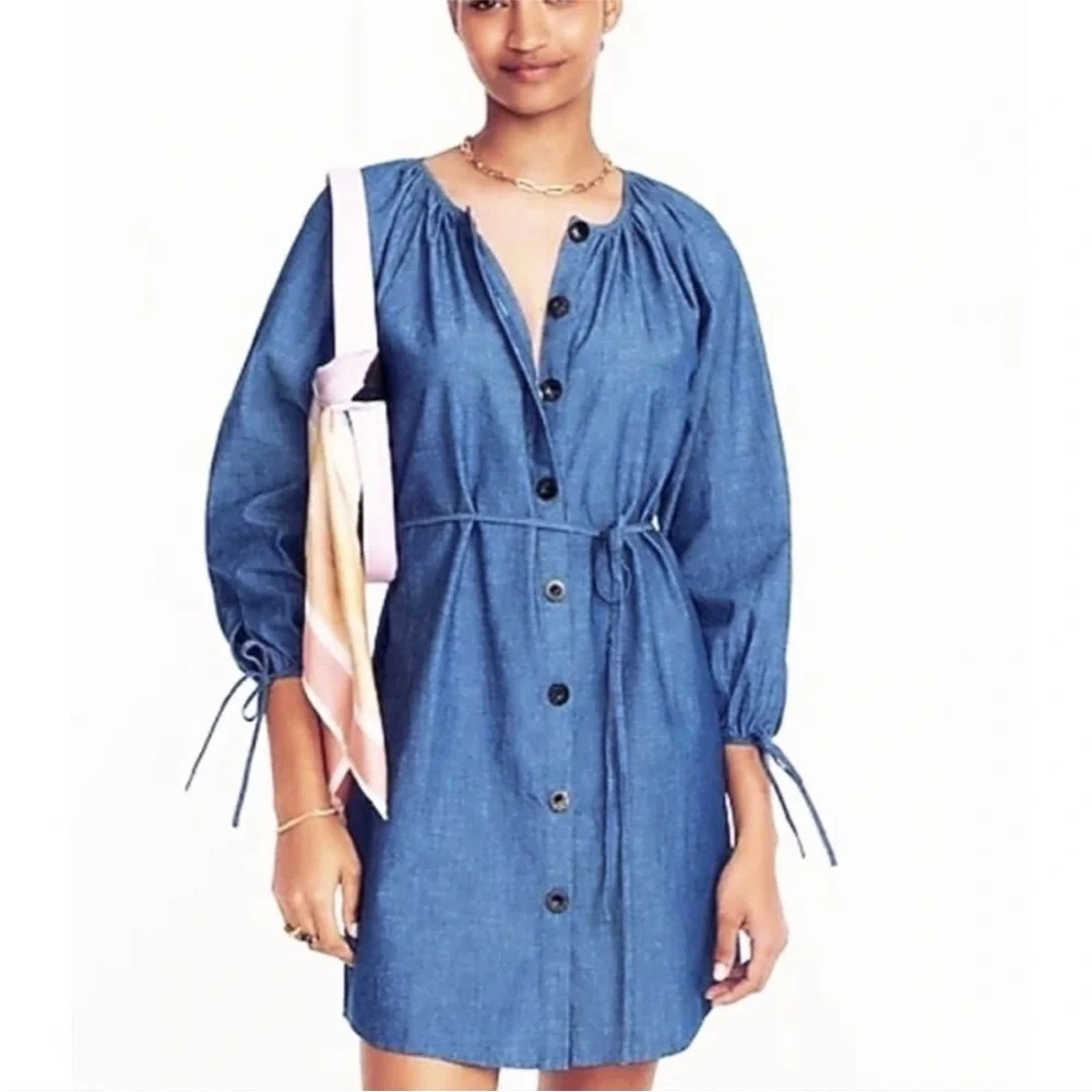 NWT J. Crew Tie Sleeve Button Front 100% Cotton Chambray Shirt Dress Size S
